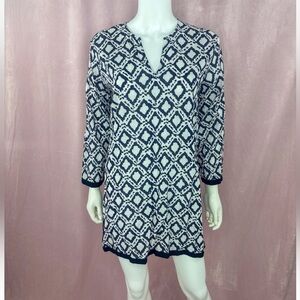 Roberta Roller Rabbit Womens Blue White Cotton Geometric Tunic Top Size Medium